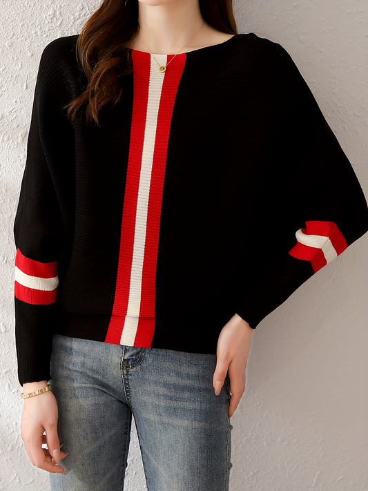 Antmvs Color Block Boat Neck Knit Sweater, Elegant Long Sleeve Sweater, Women's Clothing