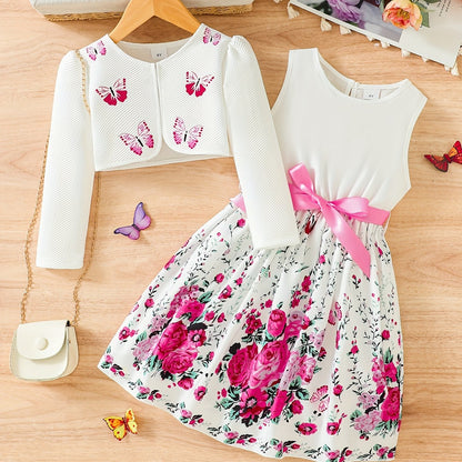 2pcs Little Girl Butterfly Dresses Outfit Floral Tank Dress And Graphic Cardigan Top Set, For Cute And Casual Look, Kids Clothing Gift