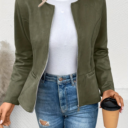 Antmvs Solid Zip Up Jacket, Casual Long Sleeve Crew Neck Outerwear For Spring & Fall, Women's Clothing