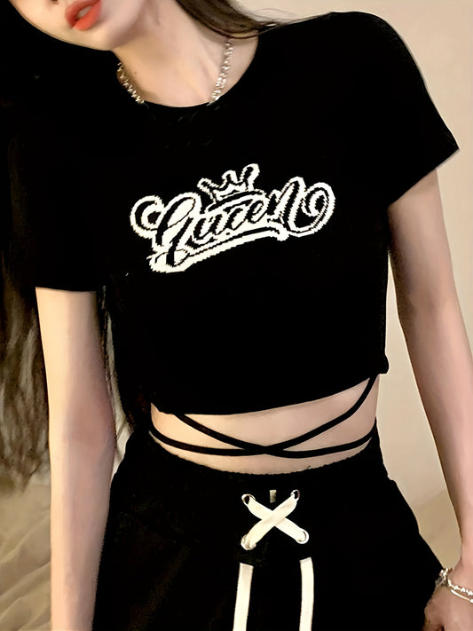 Antmvs Letter Print Crew Neck Crop Tee, Y2K Short Sleeve Tied Top For Spring & Summer, Women's Clothing