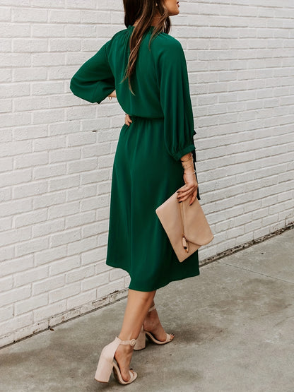 Antmvs Long Sleeve Tie Waist Midi Dress, Solid Casual Dress For Spring & Fall, Women's Clothing