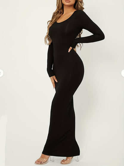 Antmvs Solid Crew Neck Dress, Elegant Long Sleeve Long Length Bodycon Dress, Women's Clothing