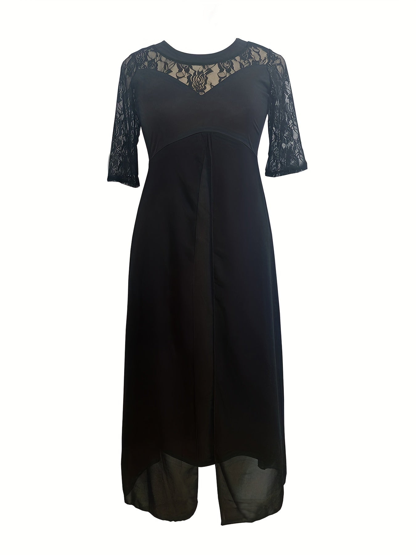 Antmvs Plus Size Casual Dress, Women's Plus Solid Contrast Lace Long Sleeve Round Neck Maxi Dress
