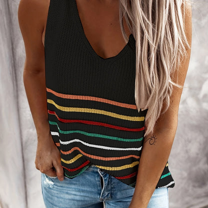 Antmvs Striped Print Knit Top, Vacation V Neck Summer Sleeveless Top, Women's Clothing