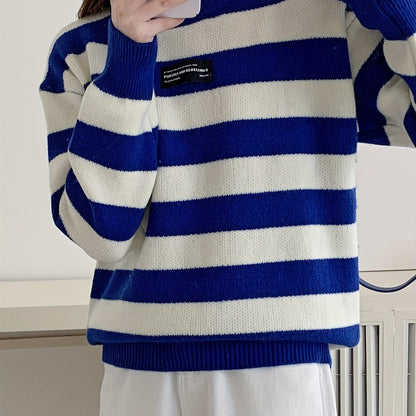 Antmvs Striped Crew Neck Pullover Sweater, Elegant Long Sleeve Loose Sweater, Women's Clothing