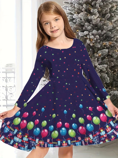 Kids Sweet Girls Christmas Tree Print Crew Neck Dress for Christmas Halloween Gift