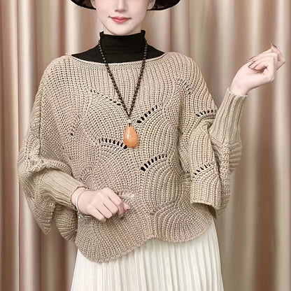 Antmvs Knitted Hollow Out Pullover Poncho Solid Color Batwing Loose Shawl Women's Stylish Round Neck Outerwear Smock