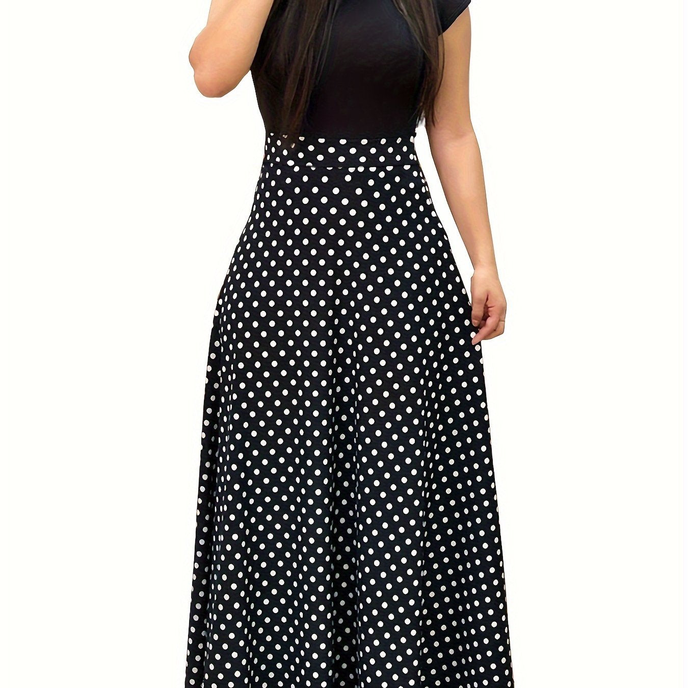 Antmvs Plus Size Colorblock Polka Dot Short Sleeve Maxi Dress, Women's Plus Elegant Medium Stretch Maxi Dress