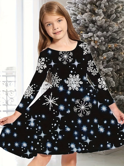 Christmas Party Snowflake Long Sleeve Dress for Girls - 3D Print Graphic, Festive Holiday Outfit, Comfortable Kids Clothes for Winter Season