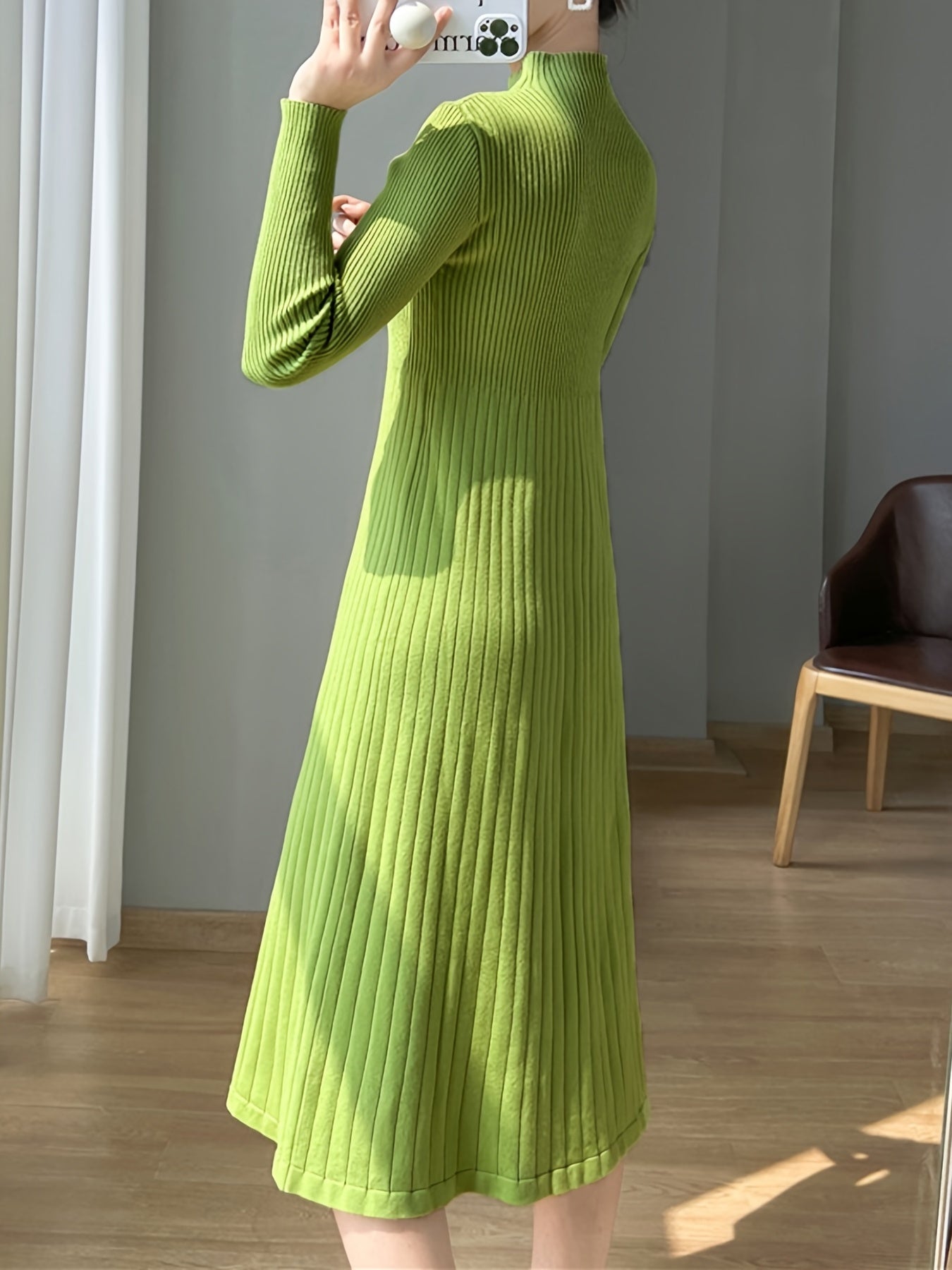 Antmvs Solid Ribbed Midi Dress, Elegant Mock Neck Long Sleeve Dress, Women's Clothing