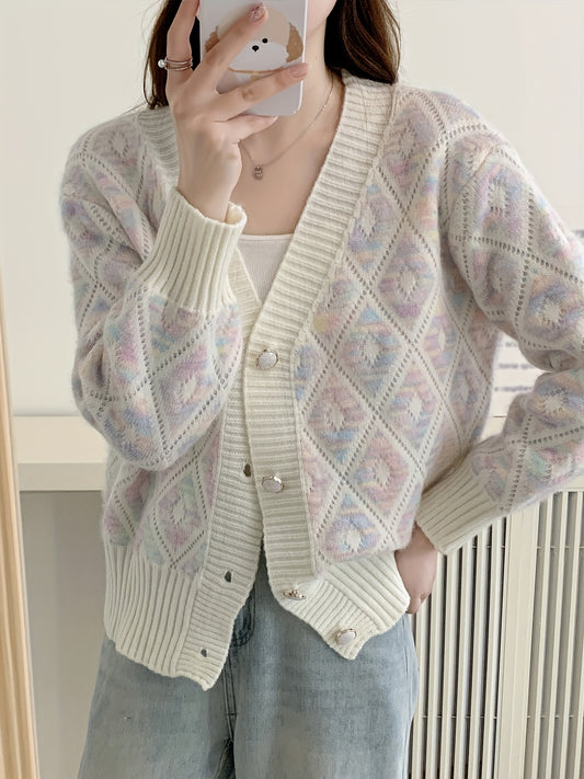 Antmvs Floral Pattern Button Down Knit Cardigan, Elegant Long Sleeve Loose Sweater, Women's Clothing