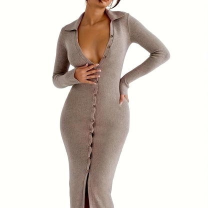 Antmvs Button Front Midi Dress, Casual Long Sleeve Bodycon Dress, Women's Clothing