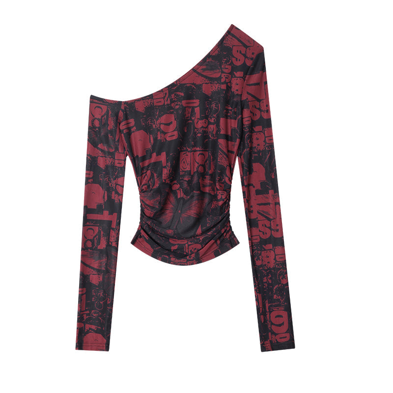 Antmvs Maranda Graphic Pattern Print Contrast Red & Black Color Off-One-Shoulder Long Sleeve Slim Cropped Top