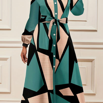 Antmvs Geo Print Button Front Dress, Casual Long Sleeve Midi Dress, Women's Clothing