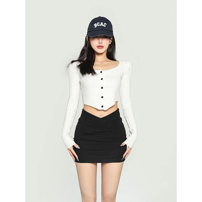 Antmvs Waliya Solid Color White Long-sleeved Slim Knit Button Up Ribbed Cropped Top