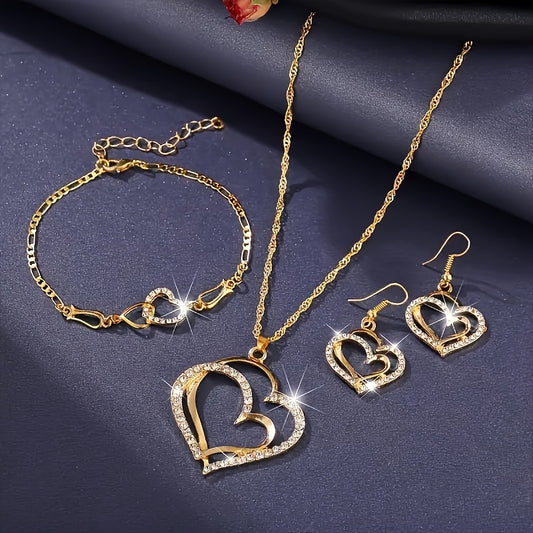 1 Pair of Chic Earrings + 1 Necklace + 1 Bracelet Boho Jewelry Set - Sparkling Heart-Shaped Artificial Crystal Accents, Golden or Silvery Finish, No Plating, Perfect for Daily Wear and Valentines Day Gift for Her