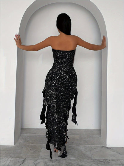 Antmvs Ruffle Trim Split Thigh Dress, Elegant Off Shoulder Bodycon Party Dress, Women's Clothing