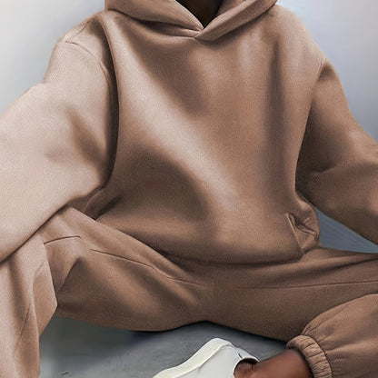 Antmvs Casual Solid Two-piece Set, Drop Shoulder Long Sleeve Hoodies & Elastic Waist Jogger Pants Outfits, Women's Clothing