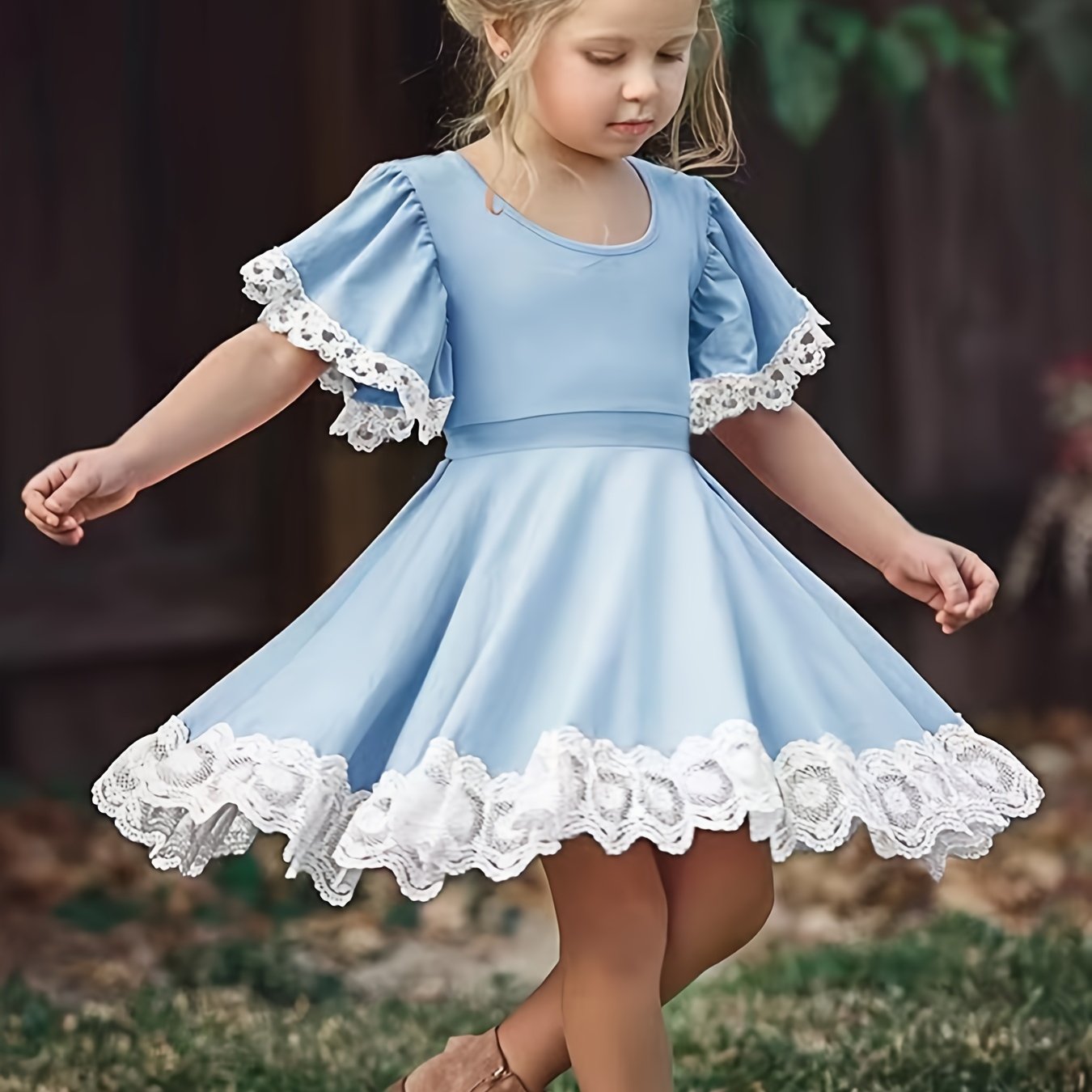 Toddler Girls Butterfly Sleeve Contrast Lace Trim Princess Dress For Party Beach Vacation Kids Summer Clothes