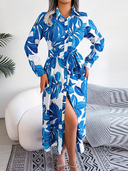 Antmvs Tied Waist Split-Joint Printed Loose Long Sleeves Lapel Shirt Dress