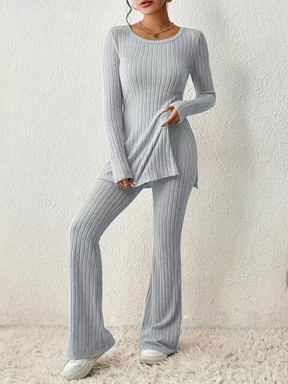 Antmvs Ribbed Solid Two-piece Set, Split Crew Neck Long Sleeve Tops & Flared Leg Pants Outfits, Women's Clothing