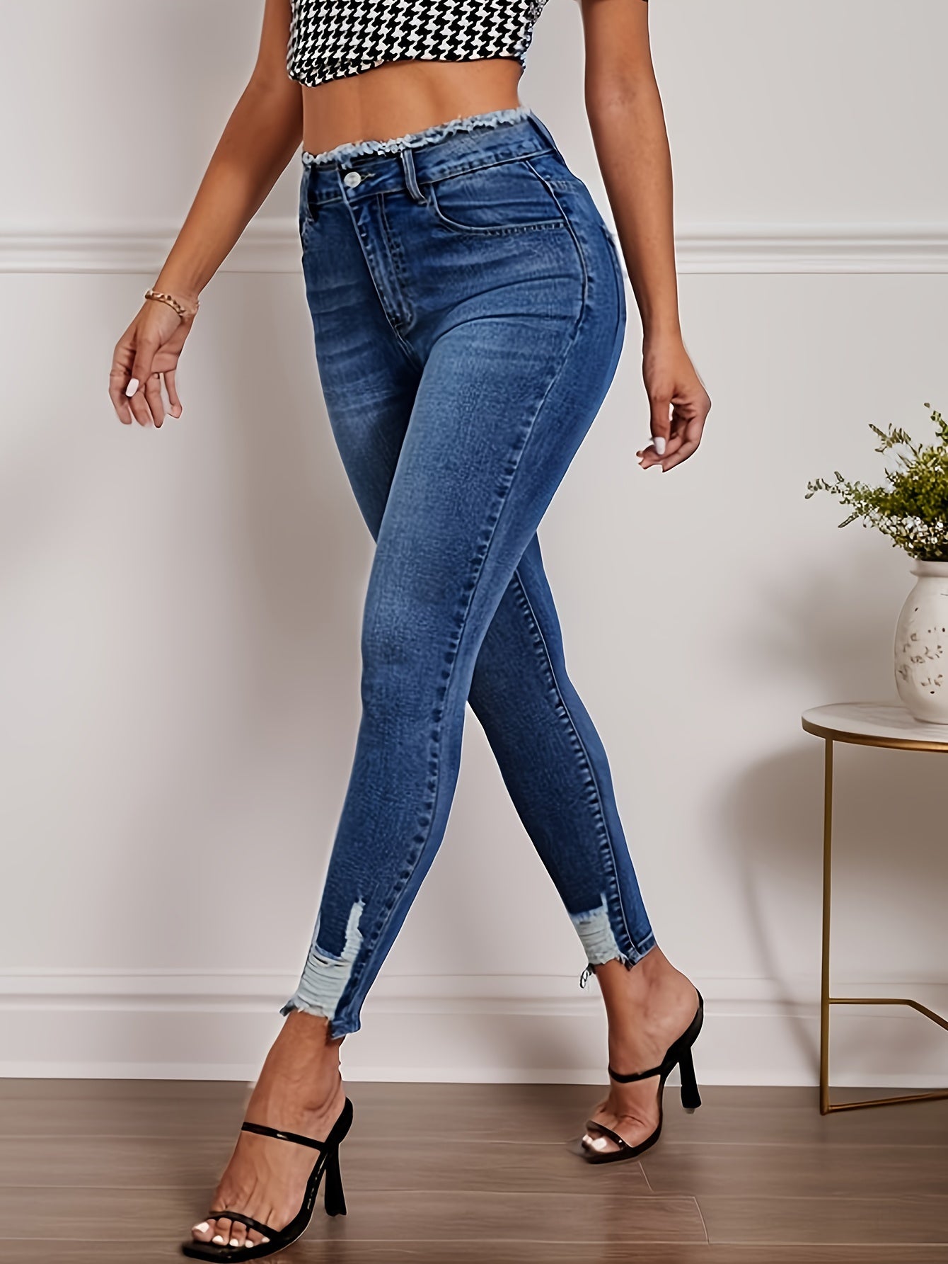 Antmvs Raw Trim Waist Skinny Jeans, Slim Fit High Stretch Versatile Tight Jeans, Women's Denim Jeans & Clothing