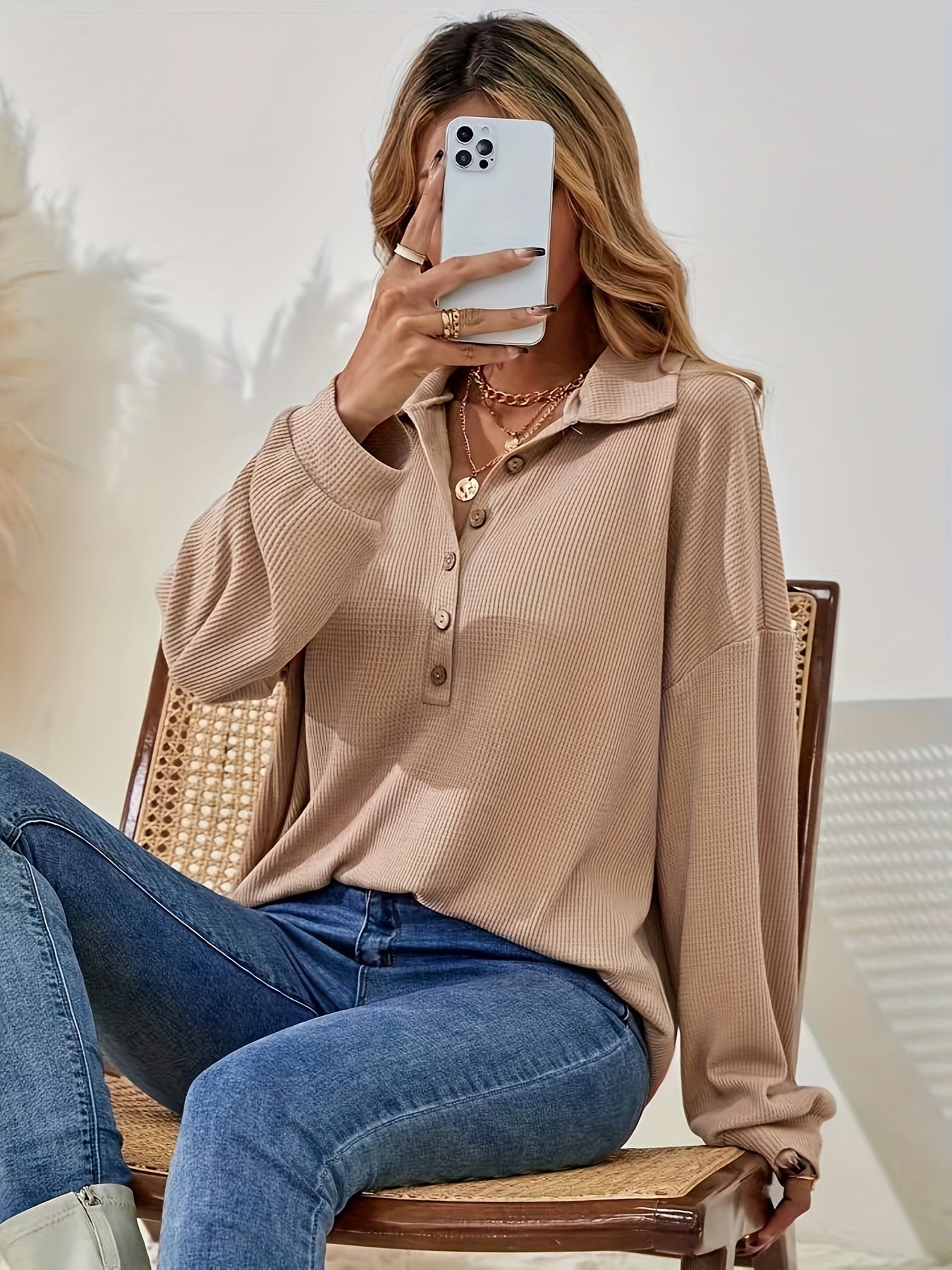 Antmvs Solid Button Front Collared T-Shirt, Casual Long Sleeve Top For Spring & Fall, Women's Clothing