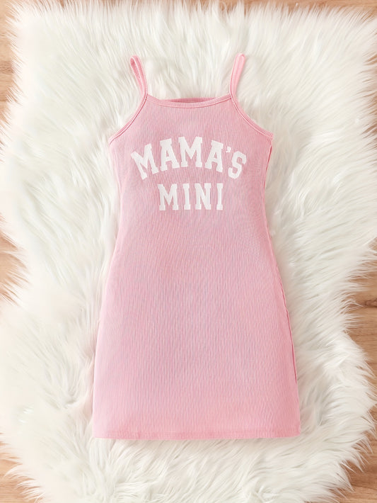 Chic 'Mama's Mini' Slogan Bodycon Cami Dress - Girls' Stretchy Ribbed Summer Wear