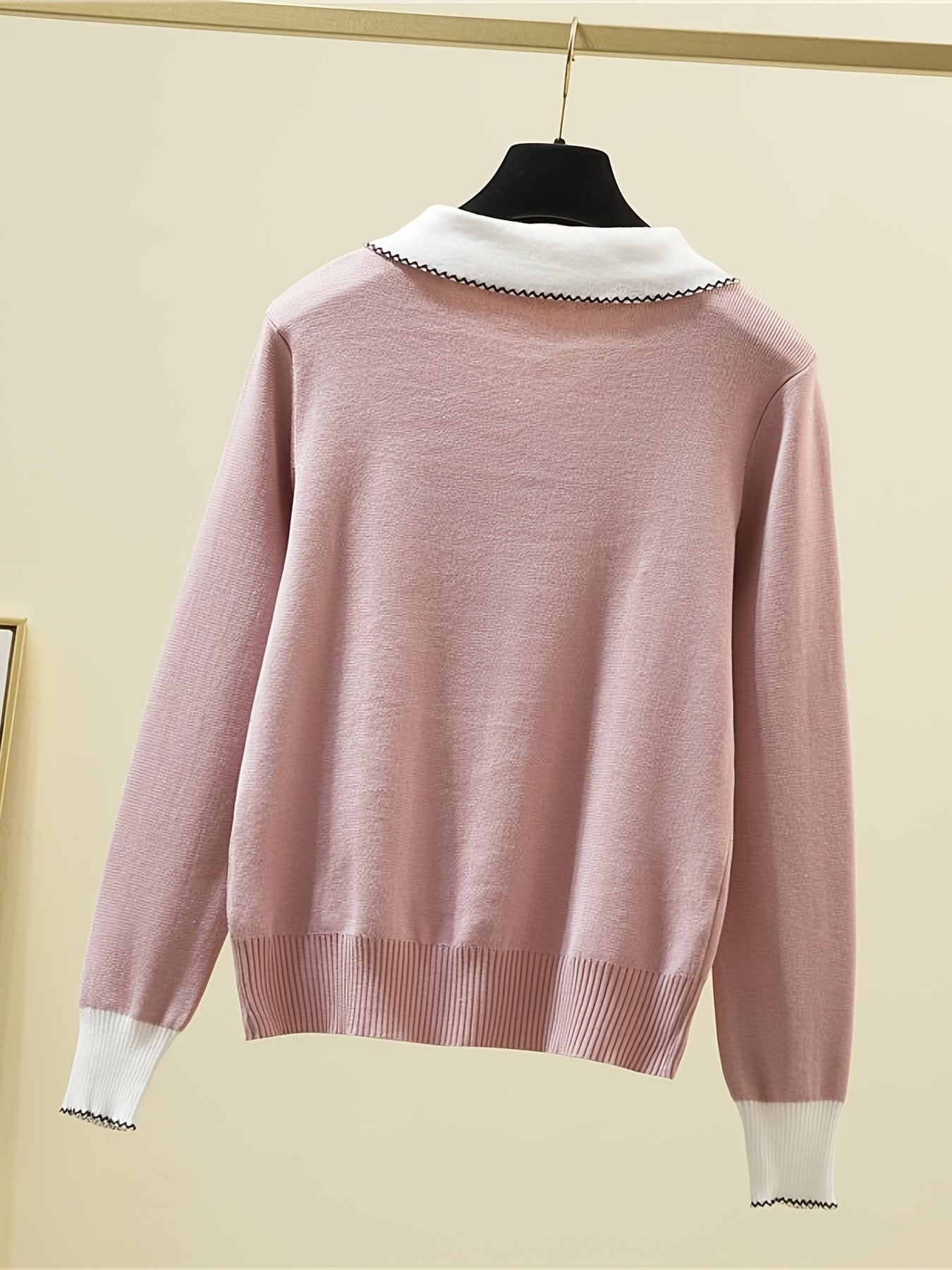 Antmvs Long Sleeve Shirt Collar Sweater, Spring & Fall Elegant Casual Warm Sweater, Women's Clothing