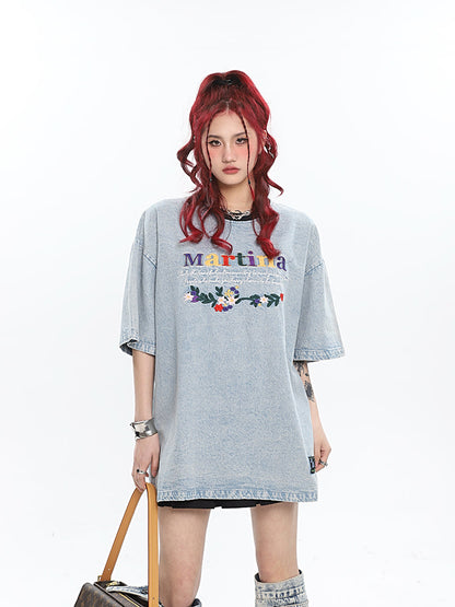 Antmvs Martina Colorful Letter Embroidery Washed Denim Blue Short Sleeve Baggy Long T-shirt Top