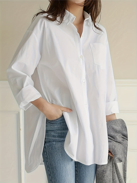 Antmvs Solid Button Front Curved Hem Shirt, Casual Long Sleeve Shirt For Spring & Fall, Women's Clothing