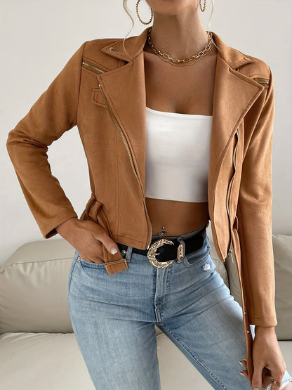 Antmvs Solid Zip Up Biker Jacket, Casual Lapel Long Sleeve Crop Jacket For Spring & Fall, Women's Clothing