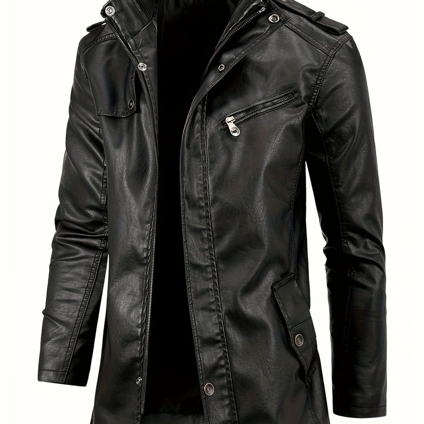 Stylish Men's PU Leather Jacket - Casual Street Style Stand Collar Overcoat with Zipper Pockets, Adjustable Cuffs, and Soft Lining for Comfortable Wear