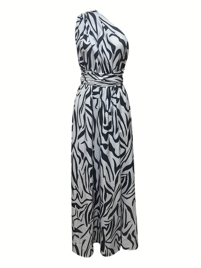 Antmvs Abstract Print One Shoulder Dress, Elegant Backless Sleeveless Maxi Dress, Women's Clothing