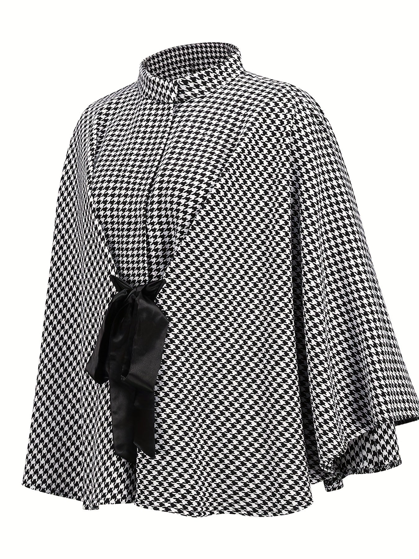 Antmvs Houndstooth Print Cape Top, Casual Tie Front Loose Outerwear, Women's Clothing