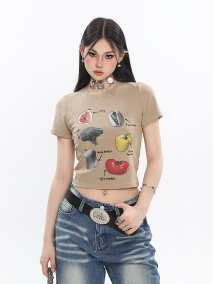 Antmvs Fruits & Veggies Love Graphic Image Print Solid Color Short Sleeve Cropped Top