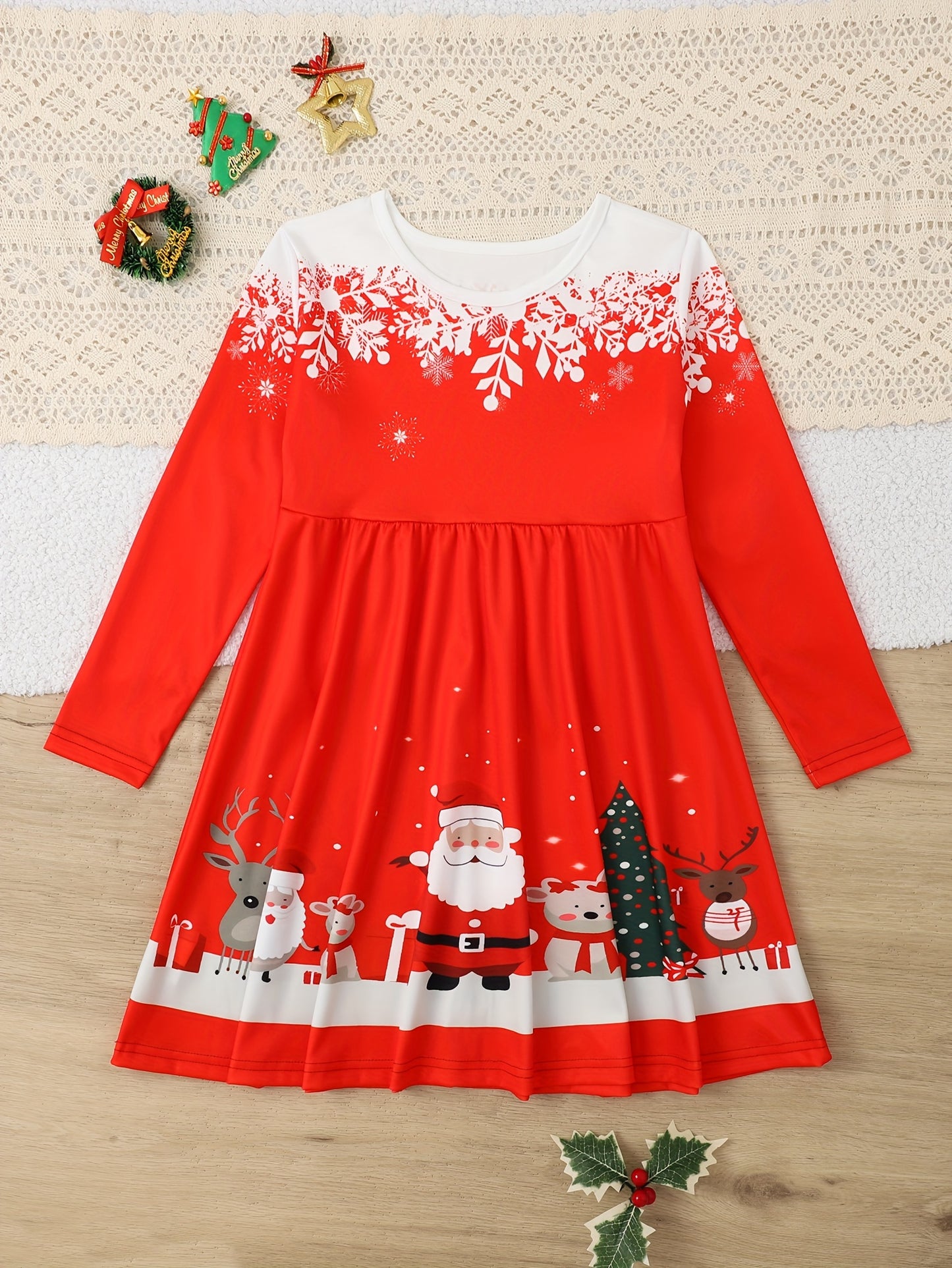 For Spring Fall Christmas Gift, Long Sleeve Girls Sweet Santa & Christmas Tree Graphic Dress