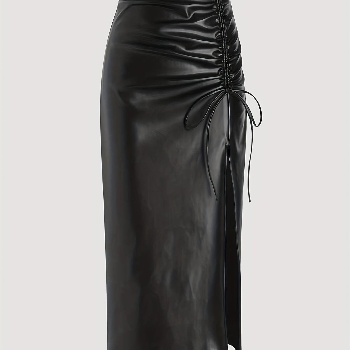 Antmvs Faux Leather Drawstring Split Skirt, Casual High Waist Bodycon Solid Skirt, Women's Clothing