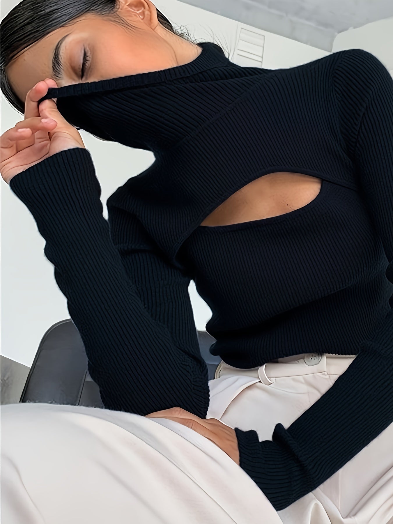 Antmvs Solid Turtle Neck Knitted Top, Casual Cut Out Long Sleeve Slim Sweater, Women's Clothing