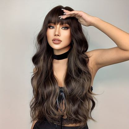 26 Inch Long, Curly Body Wave Brown Black and Light Brown Highlight Wig with Bangs for Women - Elegant, 150% Density, Rose Net Cap, Daily Wear - HAIRCUBE Brand