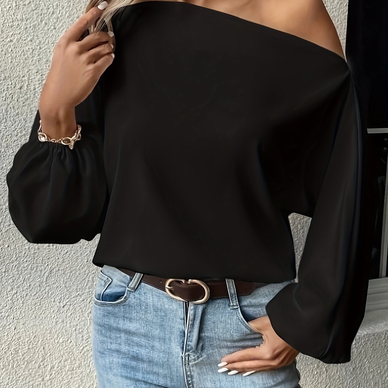 Antmvs Solid Color Drop Shoulder Blouse, Casual Loose Long Sleeve Blouse For Spring, Women's Clothing