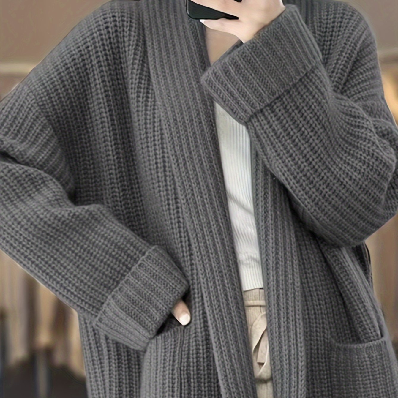 Antmvs Solid Open Front Knit Cardigan, Casual Long Sleeve Oversized Sweater Coat With Pocket, Women's Clothing