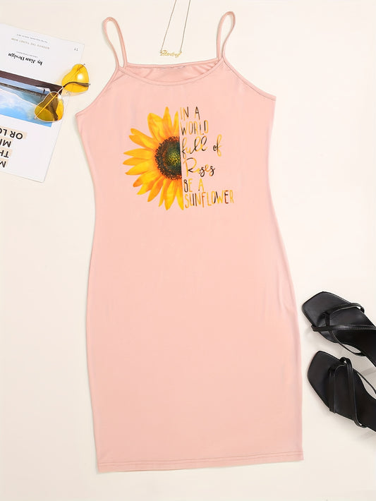 Antmvs Plus Size Casual Summer Dress, Women's Plus Sunflower & Slogan Print Round Neck Slight Stretch Cami Dress