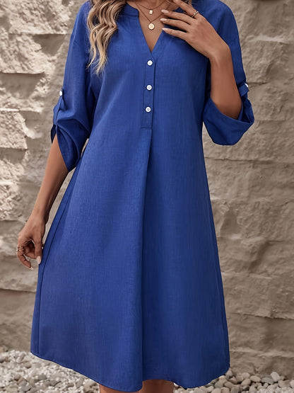 Antmvs Solid Button Front Dress, Casual Notched Neck Dress For Spring, Women's Clothing