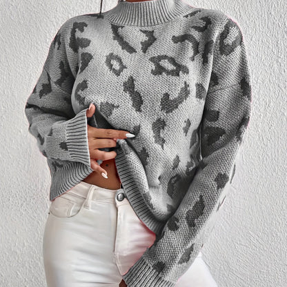 Antmvs Leopard Pattern Mock Neck Sweater, Casual Long Sleeve Sweater For Fall & Winter, Women's Clothing