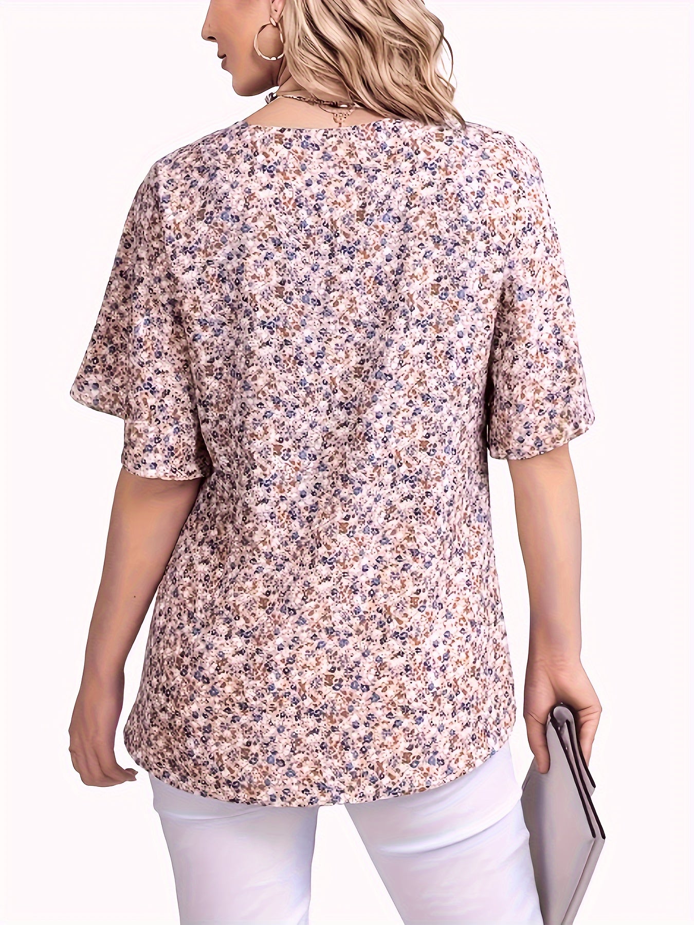 Plus Size Elegant Floral Print V Neck Blouse - Soft Non-Stretch Polyester Fabric, Casual Short Sleeve, Perfect for Spring & Summer - Womens Plus Size Clothing for All Seasons