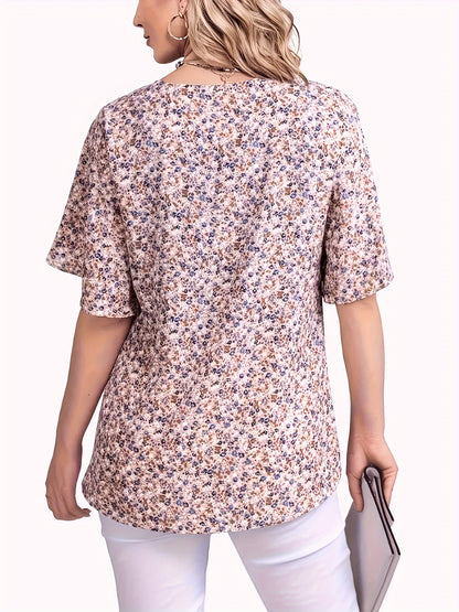 Plus Size Elegant Floral Print V Neck Blouse - Soft Non-Stretch Polyester Fabric, Casual Short Sleeve, Perfect for Spring & Summer - Womens Plus Size Clothing for All Seasons