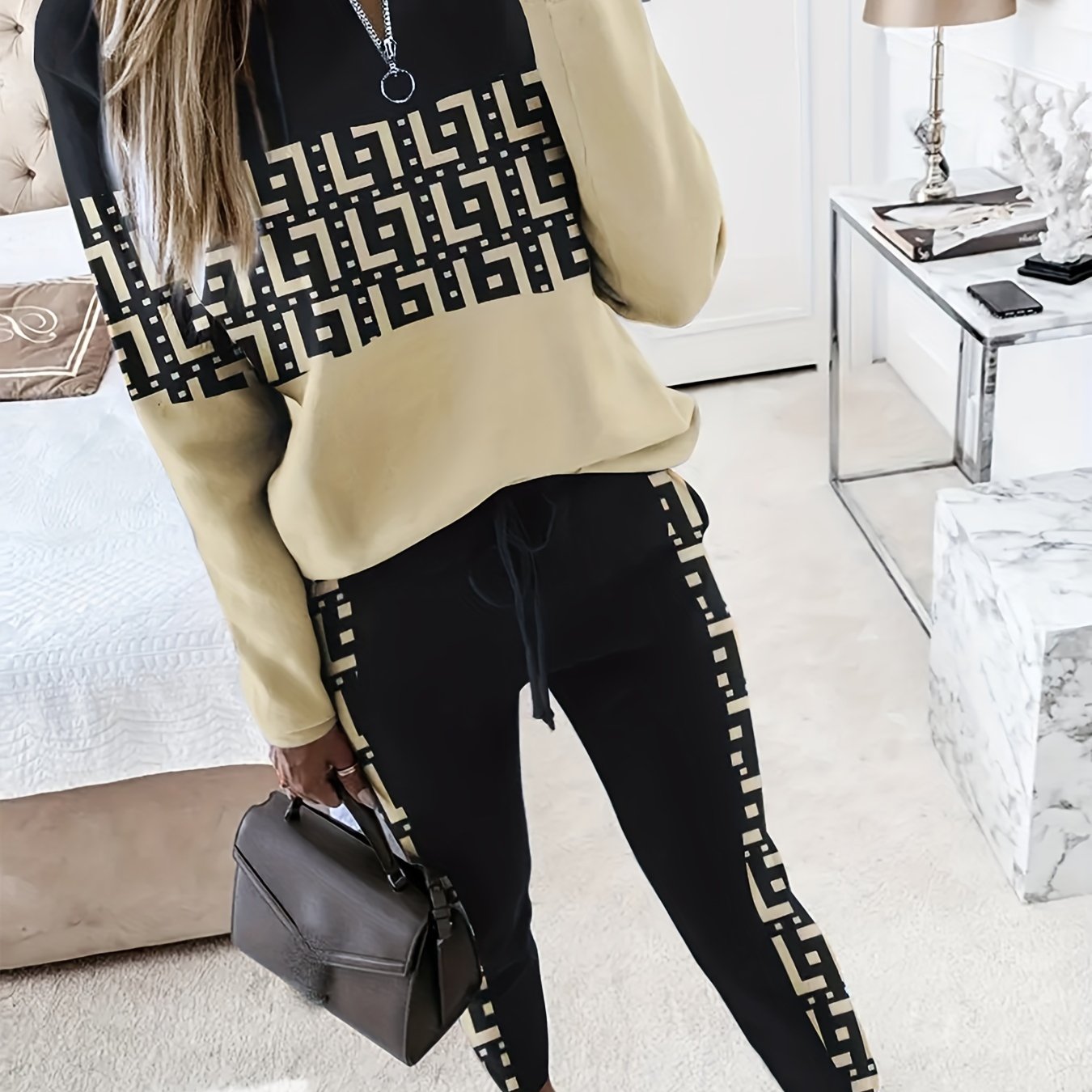 Antmvs Graphic Print Casual Two-piece Set, Color Block Zipper Tops & Drawstring Long Length Pants Outfits, Women's Clothing