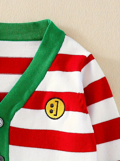 Toddler Girls Cotton 80% Knit Cardigan Sweater, Casual Striped Outerwear With Button Closure, Green & Red, V-Neck Jacket