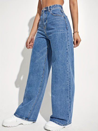 Antmvs High Waist Versatile Straight Jeans, Loose Fit Slant Pockets Denim Pants, Women's Denim Jeans & Clothing